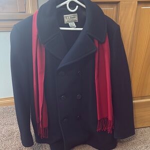 L.L. Bean Blue Peacoat with Red Scarf